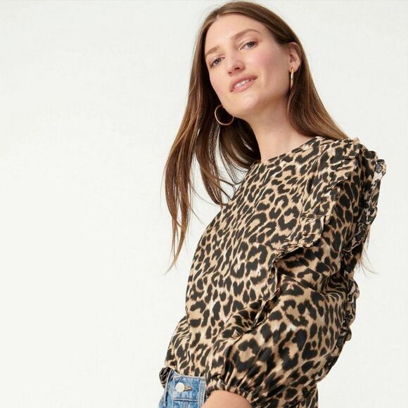 J. Crew Sz. M Leopard Print Ruffle-Sleeve Top Blouse - Picture 1 of 16